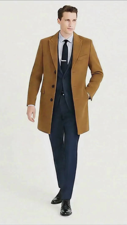 Mens Camel Brown Wool Overcoat  Classic Long Dress Coat for Business and Casual Wear in Vecuna Color