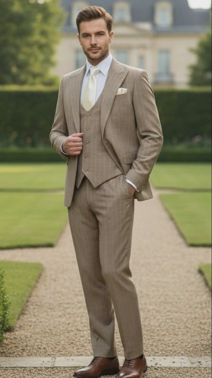 Mens Beige Pinstripe Three-Piece Suit  Classic Fit Formal Suit with Vest and Flat-Front Pants in Tan Stripe By Rossiman