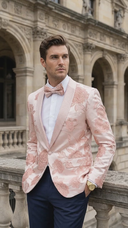 Men’s Pink Satin Paisley Prom Tuxedo Dinner Jacket, Floral Sport Coat Wedding Party Blazer