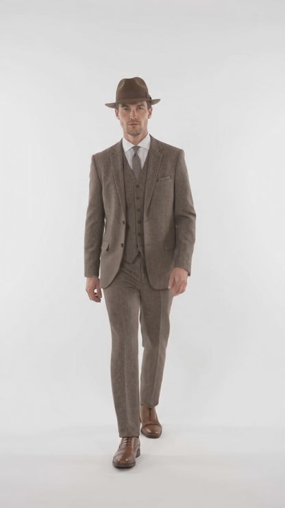 Men’s Brown Herringbone 3 Piece Suit – Vintage 1950s Inspired Tweed Vested Classic Suit
