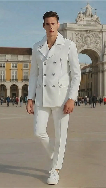 Mens White Double-Breasted Peacoat Jacket  Classic Stylish Outerwear Wool Fabric Slim Fitted