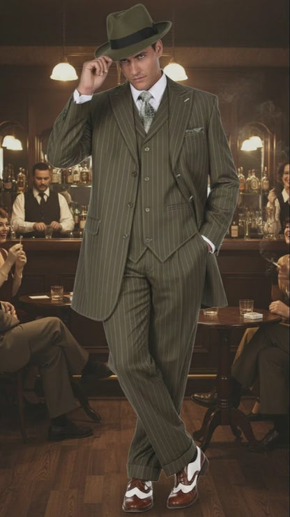 Mens Olive Green Pinstripe Zoot Suit  1920s Gangster Vintage 3-Piece Suit for Formal and Themed Events
