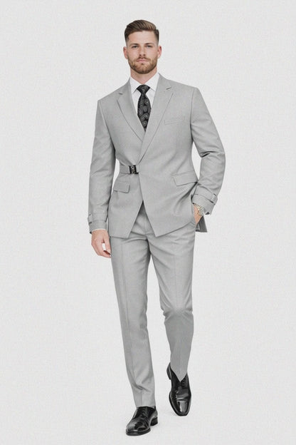 Men’s Light Grey Double Breasted Modern Designer Tailored Fit Wool Suit with Metal Buckle Closure