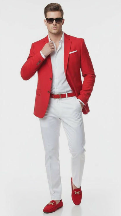 Mens Red Blazer and White Pants Set  Stylish Casual Dress Outfit For New Year Holiday and Christmas Suit