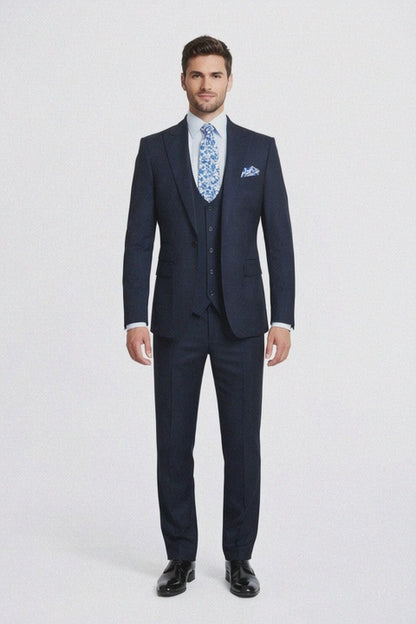 Rossiman Men's Formal Blue Suit - Slim Fit Design with Vest and Trousers