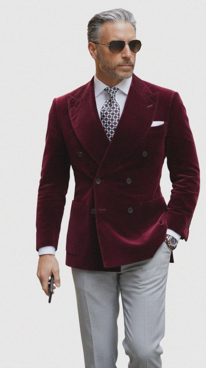 Mens Double Breasted Six Button Velvet Blazer - Burgundy Blazer