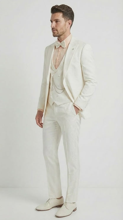 Vinci Men’s Ivory Three Piece Suit – Ivory 3PC Formal Wedding Suit for Groom, Prom and Black Tie Events