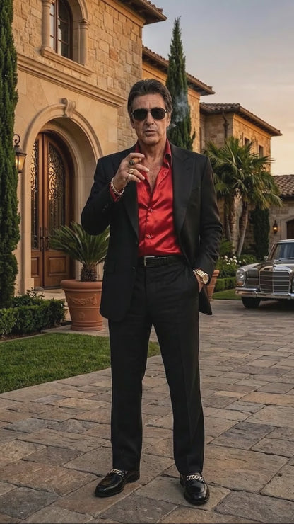Tony Montana’s Black Blazer with Red Sateen Shirt – Men’s Black Formal Blazer and Red Satin Style Shirt Outfit for Party, Wedding and Vintage Wear