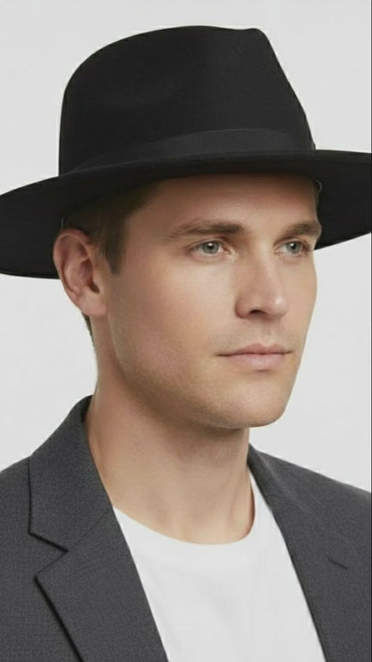 Mens Black Wide Brim Fedora Hat  Classic Wool Felt Dress Hat with Matching Black Band