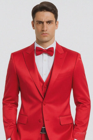 Men's Red Satin Slim Fit Tazzio 3 Piece Suit with Peak Lapel  Premium Elegant Style