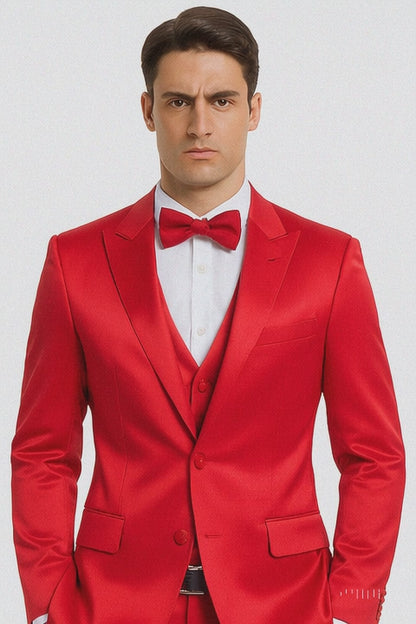 Men's Red Satin Slim Fit Tazzio 3 Piece Suit with Peak Lapel  Premium Elegant Style