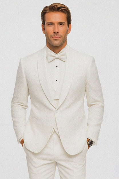 White Groom Tuxedo with Floral Lace Vest  Luxury Mens Wedding Attire