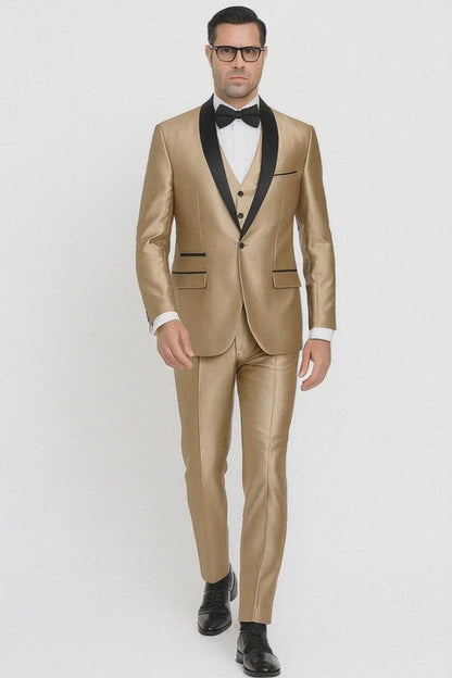 Mens 1 Button Shawl Lapel Vested Wedding | Prom Tuxedo in Gold Sharkskin - Mens Slim Fitted Tuxedo