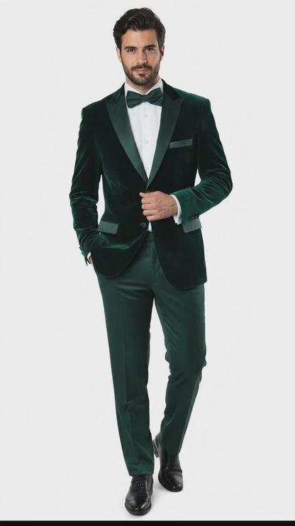 Mens Dark Green Velvet Tuxedo Dinner Jacket  Slim Fit Formal Blazer with Satin Peak Lapel Lape
