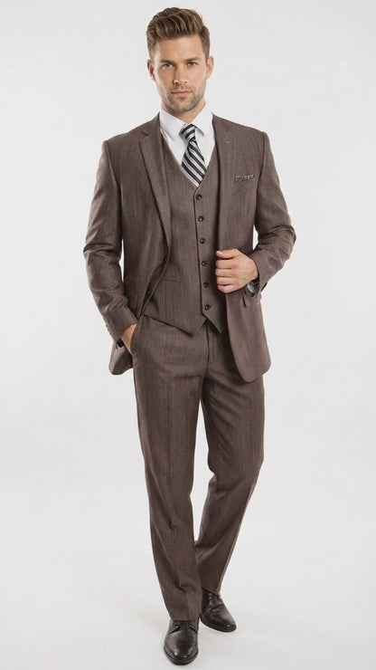 Men’s Brown Sharkskin 3 Piece Suit – Textured Two Button Vested Business Formal Suit for Wedding, Party Wear Elegant