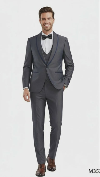 Mens Charcoal Gray with blue Trim Slim Fit 3-Piece Suit  Modern Wedding and Business Formal Tuxedo Set
