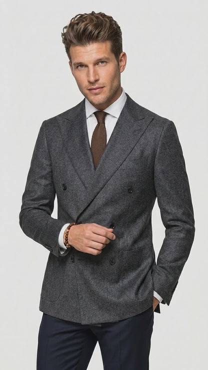 Men’s Charcoal Double Breasted Blazer, Formal Wedding Business Casual Sport Coat Jacket Wool Fabric
