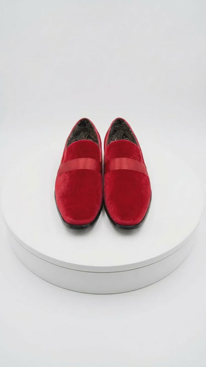 Mens Red Velvet Loafers – Luxury Formal Slip On Dress Shoes Wedding Party Prom Evening Shoes