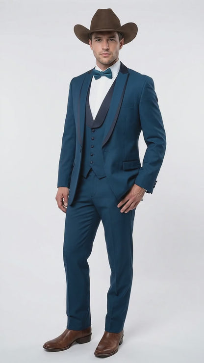 Men’s Teal Blue Western Tuxedo Suit, 3 Piece Cowboy Formal Wedding Prom Suit with Black Shawl Lapel Saphire