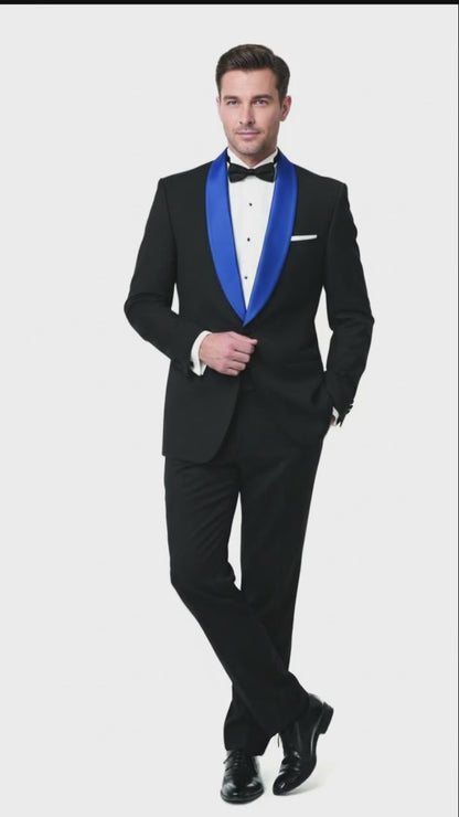 Mens Black Tuxedo with Royal Blue Shawl Lapel | Modern Formal Dinner Jacket Suit  Pants for Weddings, Proms