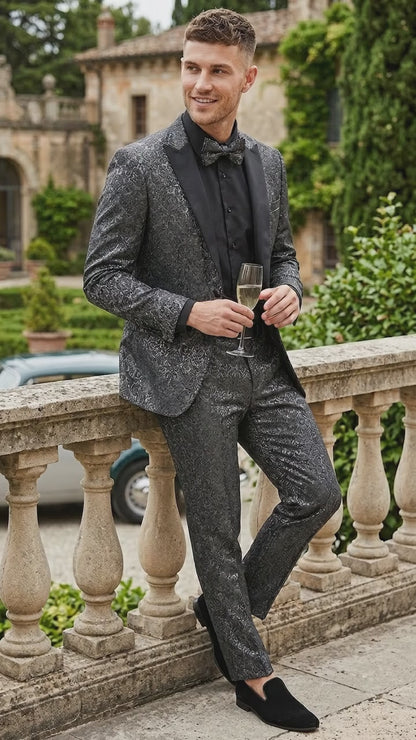 Men’s Black Patterned Tuxedo Suit, Wedding Prom Formal Dinner Suit with Satin Lapel