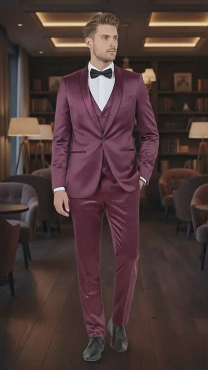 Mens Sateen Shiny Burgundy Slim Fit Tuxedo  Satin Shawl Lapel 3-Piece Suit