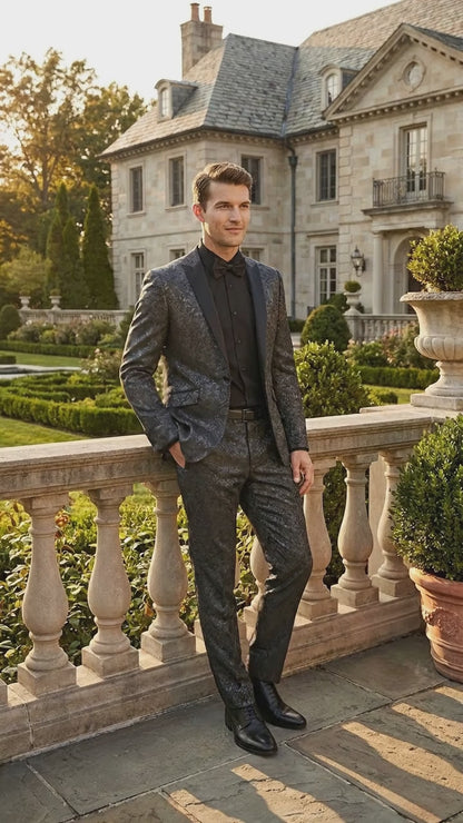 Men’s Black Paisley Wedding and Prom Tuxedo with One Button Jacket, Formal Dinner Suit