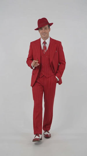 1920s Christmas Holiday Gangster Men’s Red Pinstripe 3-Piece Suit – Peak Lapel Classic Fit Pleated Pants
