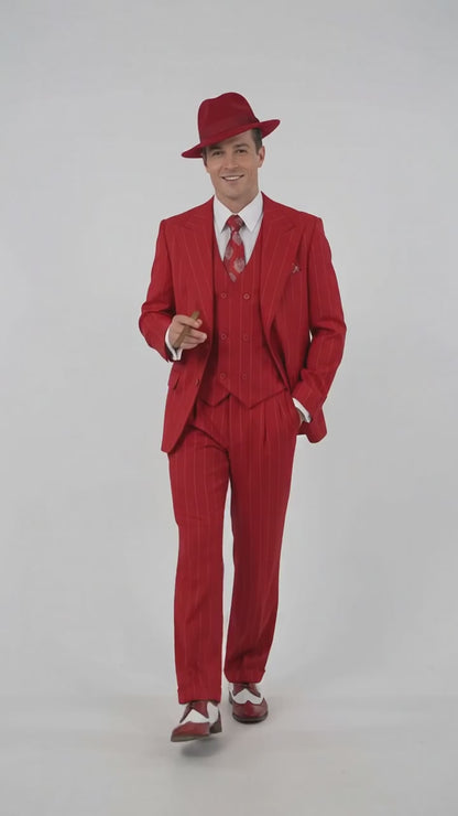 1920s Christmas Holiday Gangster Men’s Red Pinstripe 3-Piece Suit – Peak Lapel Classic Fit Pleated Pants