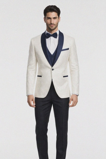 Men's White & Navy Metallic Flake Tuxedo - Luxury 3-Piece Suit