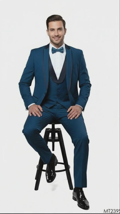 Mens Teal Blue Tuxedo  3-Piece Formal Suit with Satin Shawl Lapel, Vest, and Pants in Saphire Cobalt Blue Color