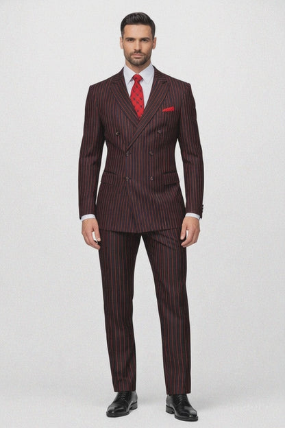 Black and Red Pinstripe Double breasted Suit - 100% Wool Modern Fit Side Vents by Statement brand