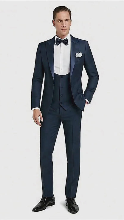 Mens Navy Blue Tuxedo with Satin Peak Lapel with navy sateen   3 Piece Formal Suit with Vest and Bow Tie