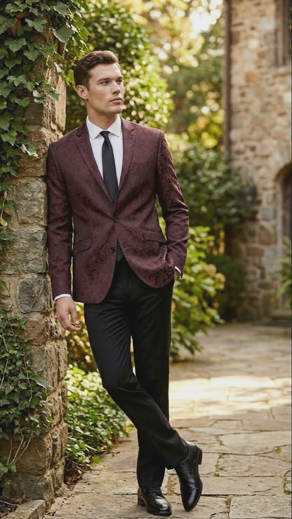 Mens Burgundy Paisley Blazer Sport Coat  Velvet Dinner Jacket floral in Maroon Wine Color Ultra Slim Fit Smoking Jacket