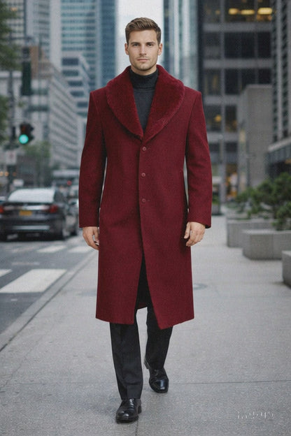 Mens Overcoat With Fur Collar - Burgundy Topcoat - Maroon Wool Fabric Long Coat