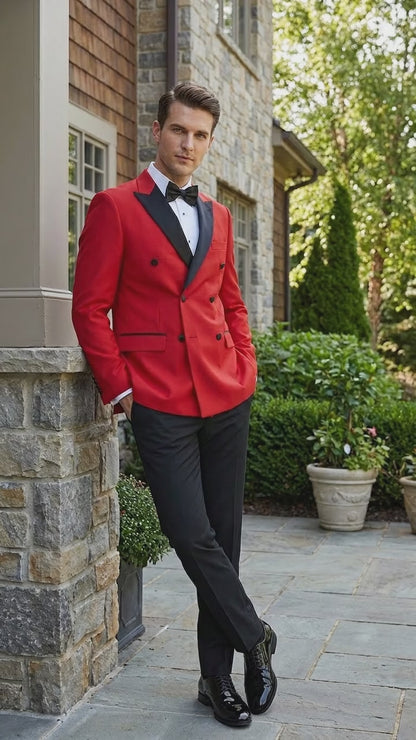 Men’s Red Double Breasted Wool Tuxedo with Black Lapel, Formal Wedding Prom Dinner Jacket