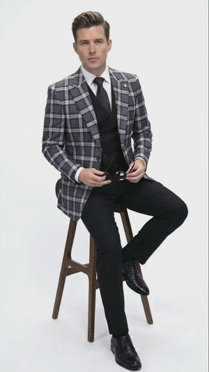 Mens Big and Tall Charcoal Gray and Black Plaid Blazer  Grey Checker Windowpane Sport Coat