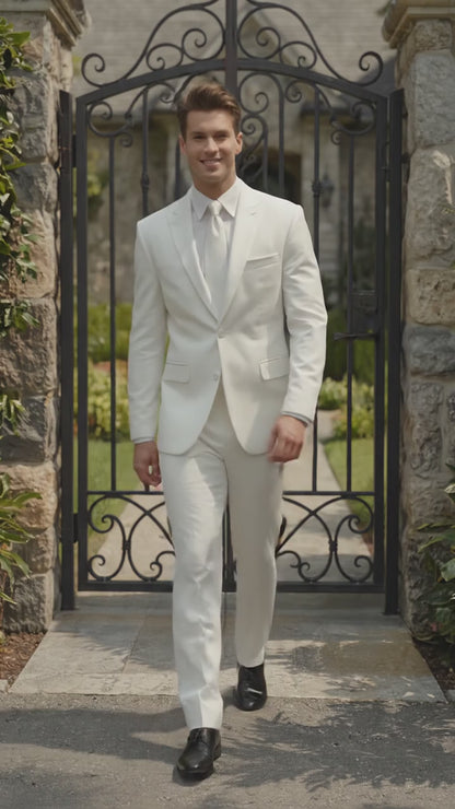 Men’s Ivory Classic Notch Tuxedo with 1 Button Jacket and Matching Pants, Formal Wedding Suit