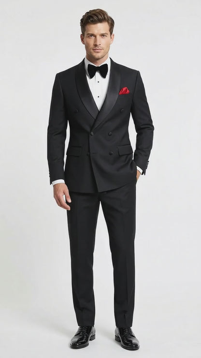 Men’s Black Double Breasted Evening Wear Suit with Satin Shawl Lapel and Red Pocket Square