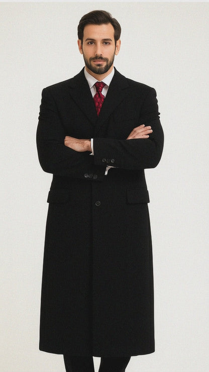 Black Cashmere Chesterfield Overcoat  1920s Full Length Topcoat