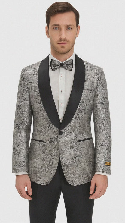 Mens Formal Silver Paisley Shawl Dinner Jacket