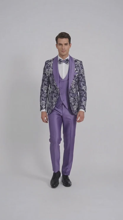 Men’s Purple Floral Prom Tuxedo – Shawl Lapel 3-Piece Wedding and Formal Suit