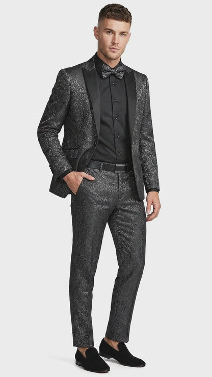 Men’s Black Patterned Tuxedo Suit, Wedding Prom Formal Dinner Suit with Satin Lapel