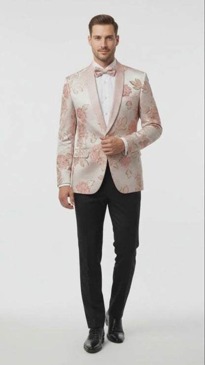 Mens Pink Blush Floral Jacquard Blazer with Embellished Shawl Lapel  Luxury Party and Wedding Wear Jacket