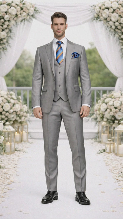 Men's Gray Slim Fit 3-Piece Suit by Rossiman ?? With Vest & Tailored Trousers