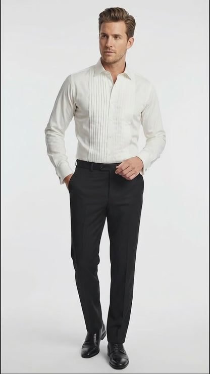 Men’s Ivory Cream Off White  Pleated Tuxedo Dress Shirt | French Cuff Formal Wedding Shirt