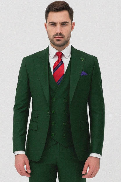 Mens One Button Peak Lapel Double Breasted Vest Wool Suit in Hunter Green