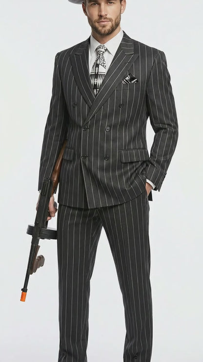 Mens Black Pinstripe AI Capone Suit – Vintage 1920s Gangster Style Three Piece Formal Suit