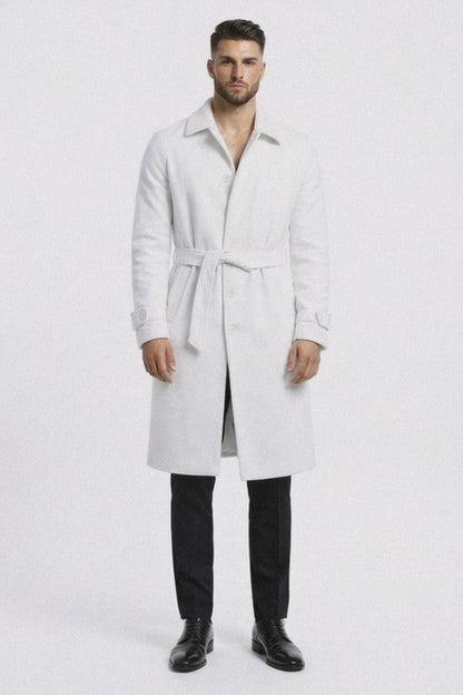 Men's White Wool Belted Long Coat – Classic Overcoat for Formal Wear, Wedding Full length