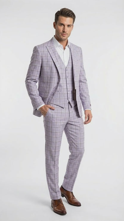 Men’s Lilac Lavender Windowpane Check 3 Piece Suit – Lilac Plaid Formal Suit with Vest for Wedding, Prom and Business Events